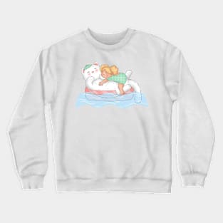 Little girl and big cat swimming in the ocean Crewneck Sweatshirt